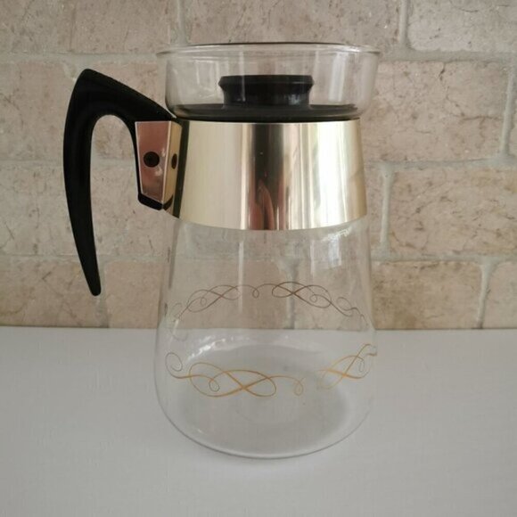 Vintage Corning MCM Coffee Carafe 6-Cup, Black Gold Scroll Pattern Kitchen Decor - Picture 1 of 10